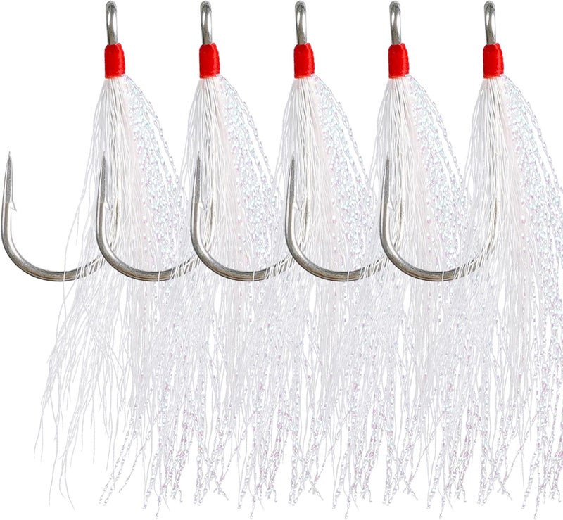 SILANON Bucktail Teaser Fishing Hooks,5pcs Saltwater Flounder Rig Stainless Steel Fishing Jig Hooks Bucktail Mylar Flash Teasers Inserted for Striper Catfish Cod Flounder Hi/Lo Rig - Image 1